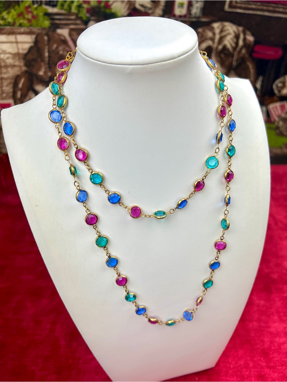Vintage Swarovski Crystal Coin Necklace, Gold Tone Bezel Set 36” SIGNED